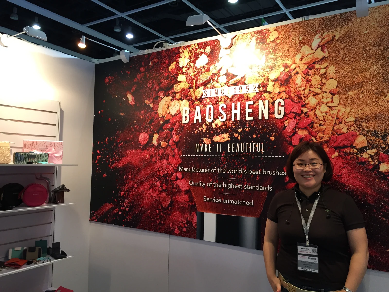 Michelle at the Baosheng wall, Cosmoprof Asia 2014