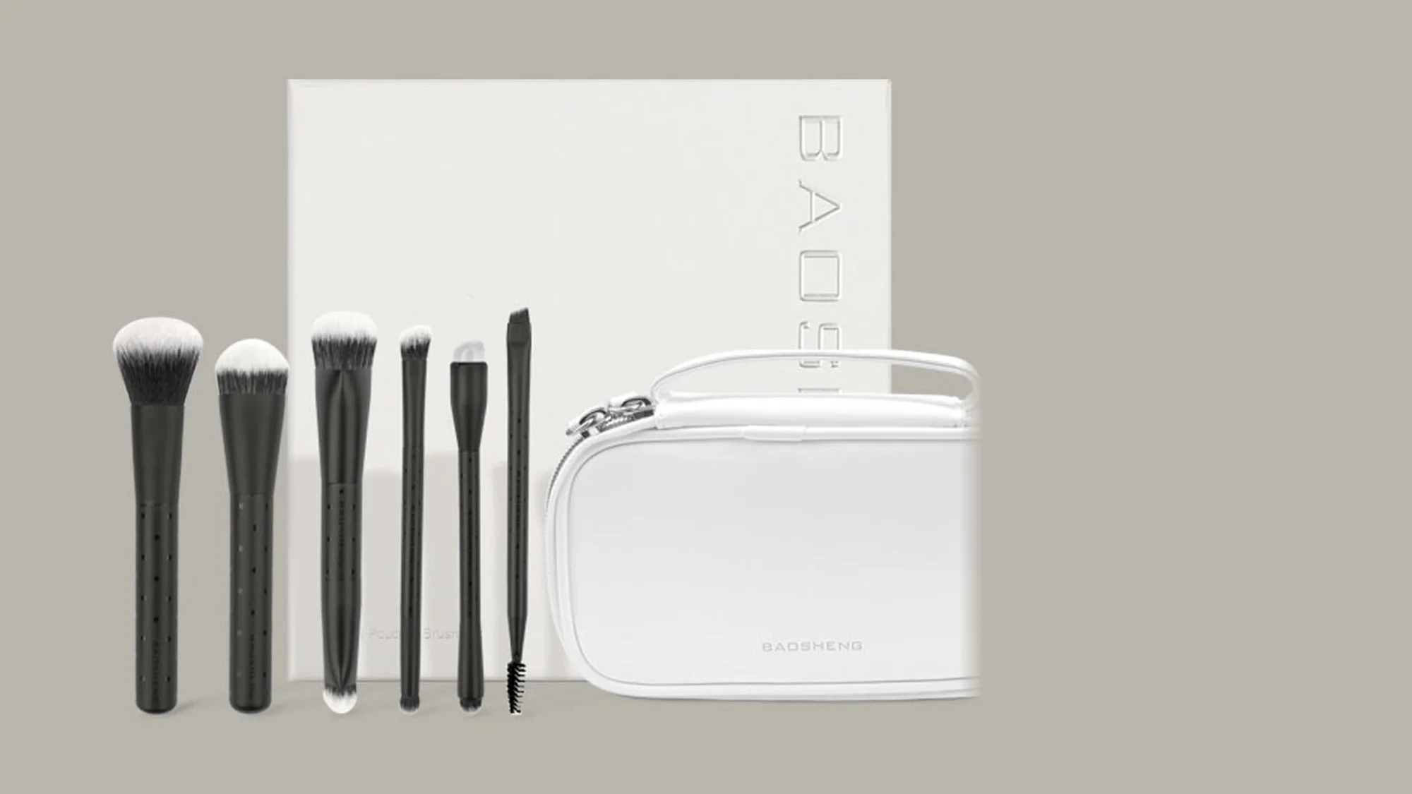 A complete kit: six brushes, white case and box
