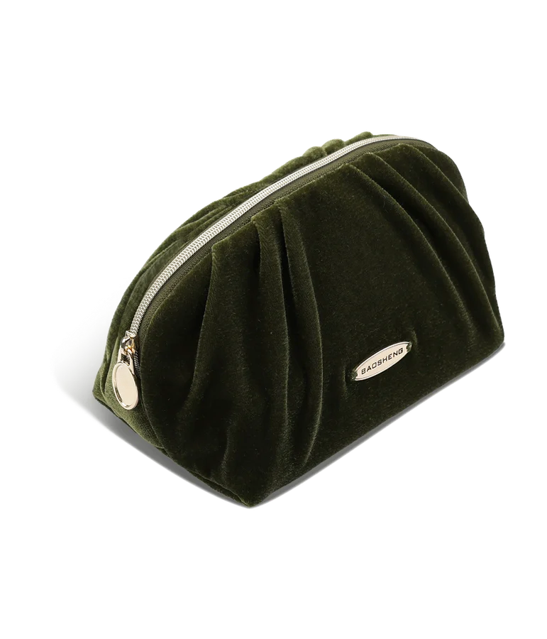 Olive velvet pleated clutch